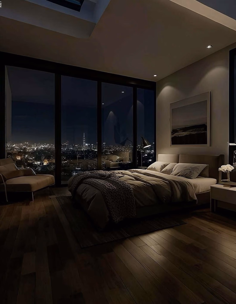 Smart home bedroom with city view