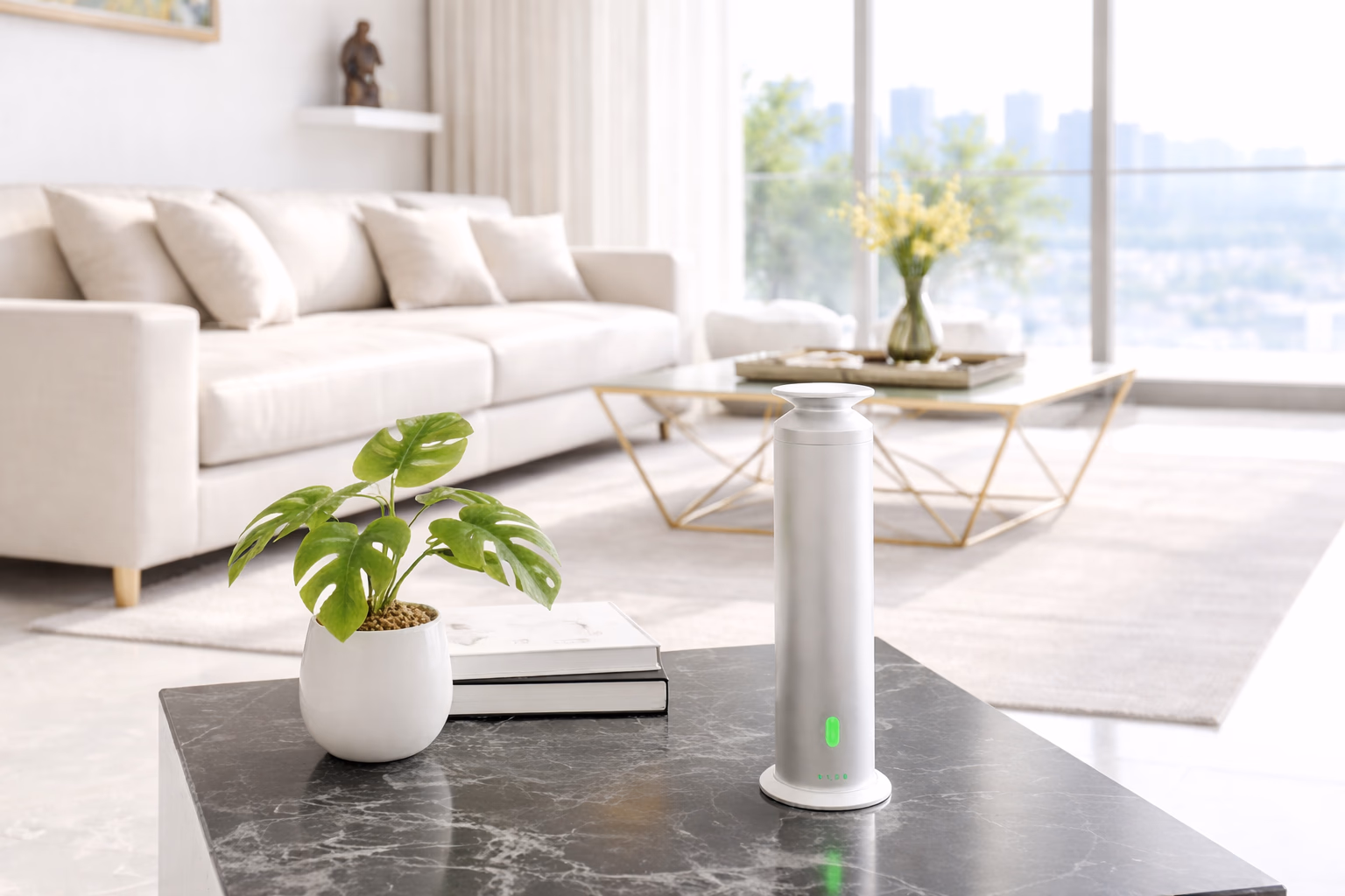 Bright living room with smart device