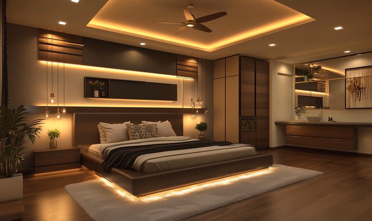 Bedroom with warm strip lighting
