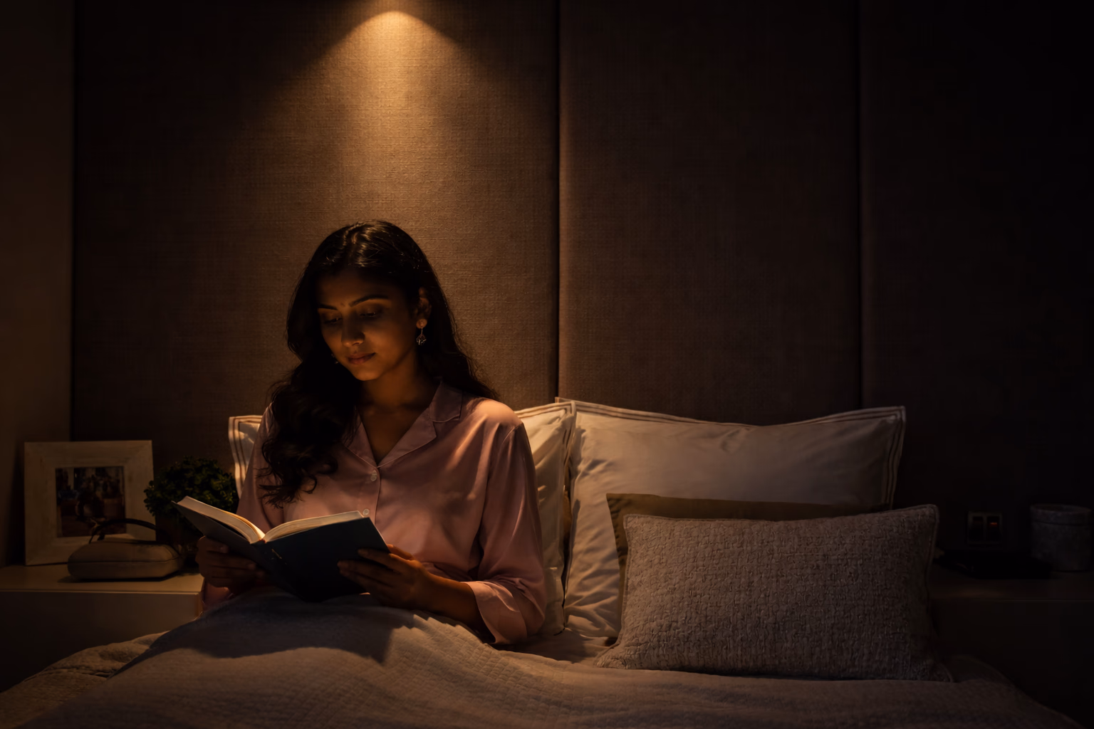 Reading in bed under warm light