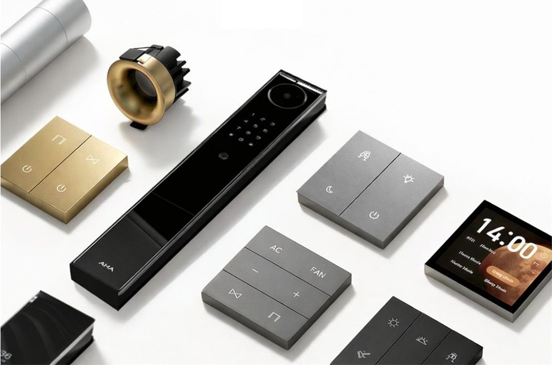 AHA whole home automation ecosystem: smart lock, switches, sensors, speaker and control panel